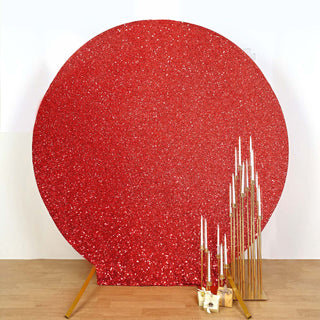 Add Elegance and Glamour to Your Event with the 7.5ft Red Metallic Shimmer Tinsel Spandex Round Wedding Arch Cover