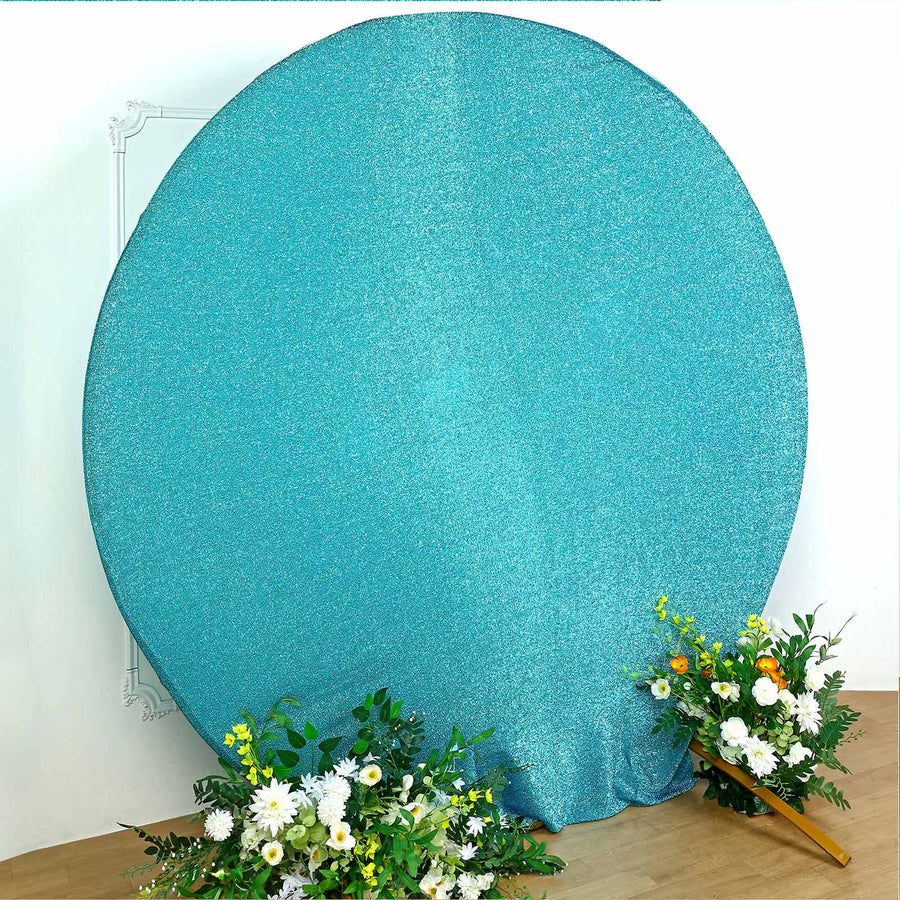 7.5ft Turquoise Metallic Shimmer Tinsel Spandex Round Backdrop, 2-Sided Wedding Arch Cover