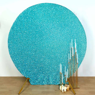 Add a Touch of Elegance with the 7.5ft Turquoise Metallic Shimmer Tinsel Spandex Round Wedding Arch Cover