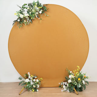 Elevate Your Event Decor with the 7.5ft Matte Gold Round Spandex Fit Party Backdrop Stand Cover