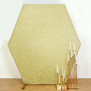 Add a Touch of Elegance with the Champagne Metallic Shimmer Tinsel Spandex Hexagon Wedding Arbor Cover