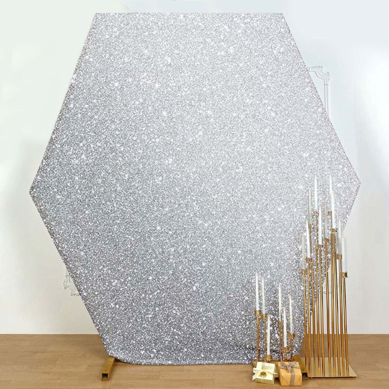 Description Picture 2 of item8ftx7ft Silver Metallic Shimmer Tinsel Spandex Hexagon Wedding Arbor Cover, 2-Sided Backdrop