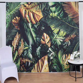 Add Tropical Charm to Your Event with the Green/Gold Tropical Jungle Safari Leaf Print Vinyl Backdrop
