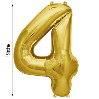 Gold number 4 balloon, 16 inches tall, perfect for celebrations.