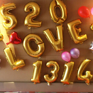 Gold foil balloons spelling "520 LOVE 1314" with colorful balloons in the background.