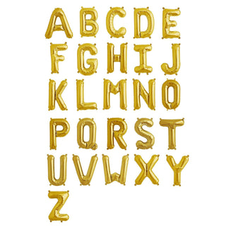 Gold letter balloons A-Z on a plain background.