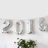 Silver foil balloons spelling "2016" with decorative flowers in the background.