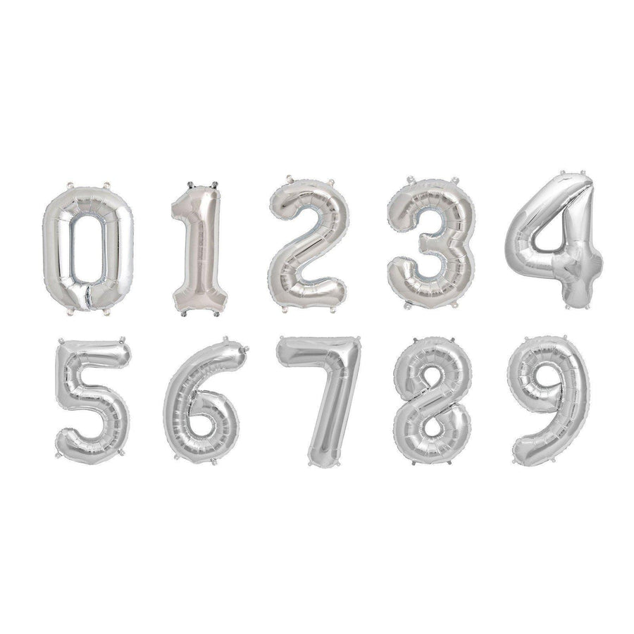 Silver balloon numbers 0 to 9 on a white background