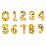 Gold foil balloon numbers 0-9 on a white background.