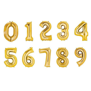 Gold foil balloon numbers 0-9 on a white background.