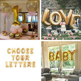 Gold letter balloons spelling "LOVE" and "BABY" with decorative elements.