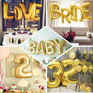 Gold foil balloon decorations for various celebrations, including weddings and birthdays.