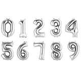 Silver foil balloon numbers 0 to 9 on a white background