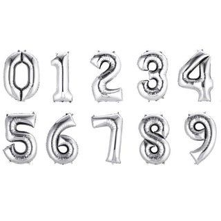 Silver foil balloon numbers 0 to 9 on a white background
