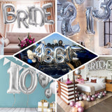 Balloons spelling "BRIDE," "ABBY," and "10" in various party settings.