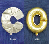 Gold foil letter "C" balloon before and after inflation.