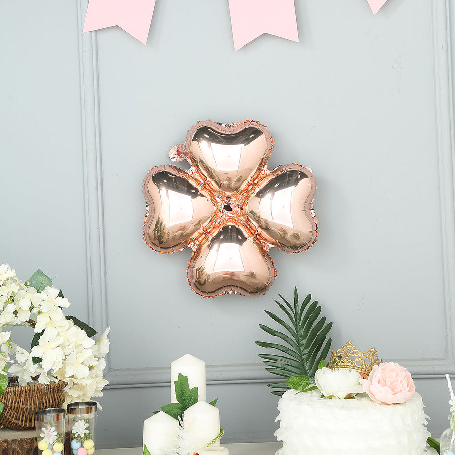10 Pack | 15inches Rose Gold Four Leaf Clover Shaped Mylar Foil Balloons