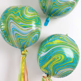 3 Pack | 13" Green/Gold Marble Orbz Foil Balloons, 4D Sphere Mylar Balloons