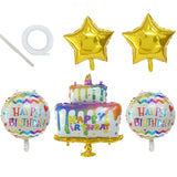 Happy Birthday Cake Mylar Foil Balloon Set, Round and Gold Star Balloon Bouquet With Ribbon#whtbkgd