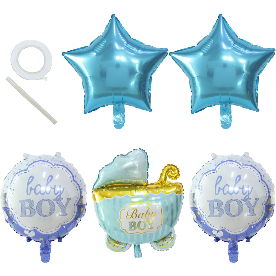 Blue/White Boy Baby Shower Mylar Foil Balloon Set, Baby Carriage Balloon Bouquet With Ribbon#whtbkgd