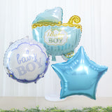 Blue/White Boy Baby Shower Mylar Foil Balloon Set, Baby Carriage Balloon Bouquet With Ribbon