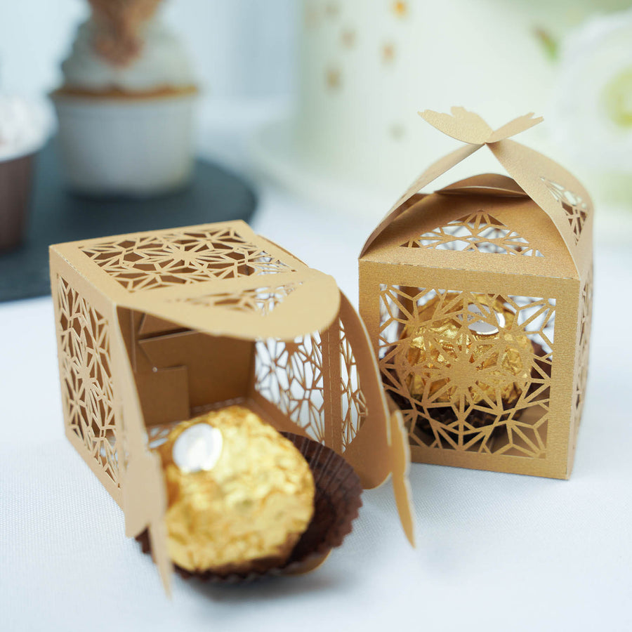25 Pack | Gold Butterfly Top Laser Cut Lace Favor Candy Gift Boxes