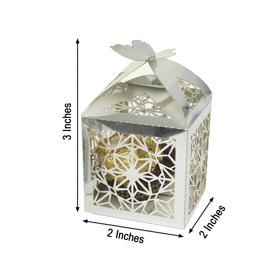 25 Pack | Silver Butterfly Top Laser Cut Lace Favor Candy Gift Boxes