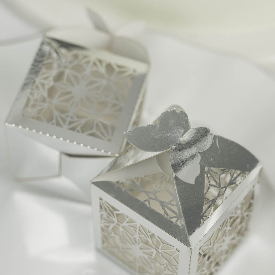 25 Pack | Silver Butterfly Top Laser Cut Lace Favor Candy Gift Boxes