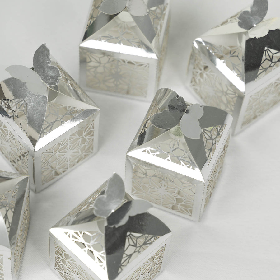 25 Pack | Silver Butterfly Top Laser Cut Lace Favor Candy Gift Boxes#whtbkgd
