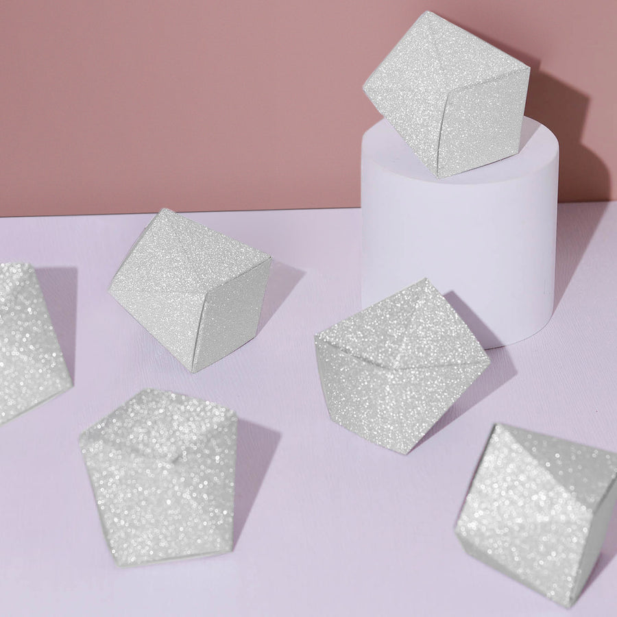 25 Pack | 2x3inches Geometric Silver Glitter Wedding Favor Candy Gift Box