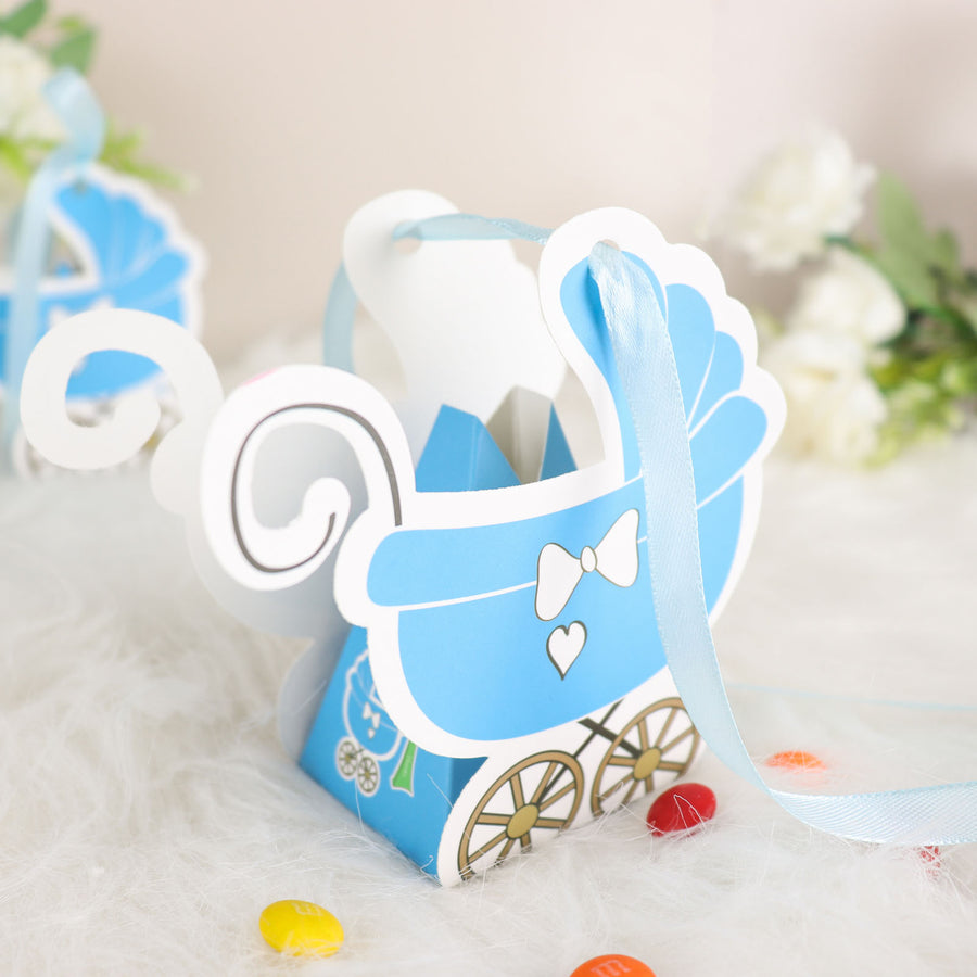 25 Pack | Blue Baby Paper Stroller Party Favor Gift Boxes, Cardstock Carriage