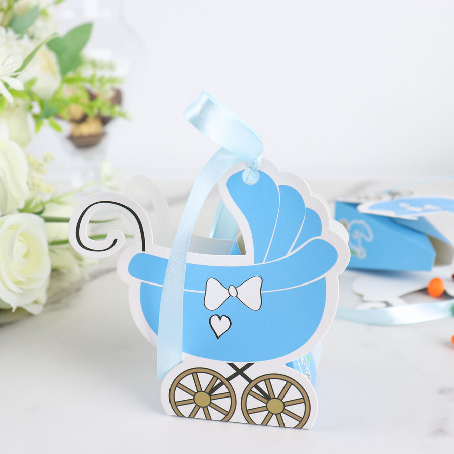 25 Pack | Blue Baby Paper Stroller Party Favor Gift Boxes, Cardstock Carriage