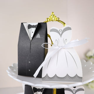 Elegant White Wedding Dress and Tuxedo Favor Boxes