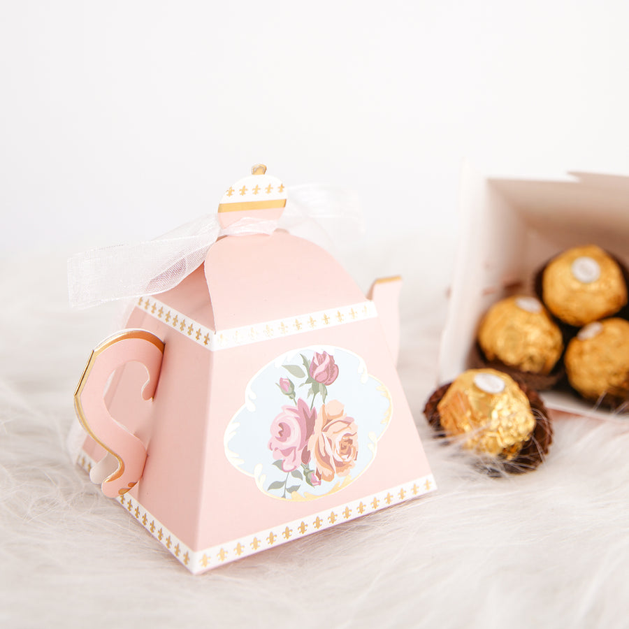 25 Pack | 4Inch Dusty Rose Mini Teapot Favor Boxes, Tea Time Gift Box with Ribbon