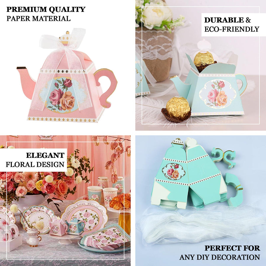 25 Pack | 4Inch Dusty Rose Mini Teapot Favor Boxes, Tea Time Gift Box with Ribbon
