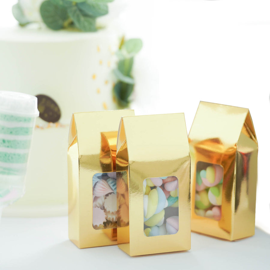 25 Pack | Gold Tote With Window Party Favor Candy Gift Boxes 2.75inch X 1.5inch X 6inch