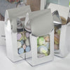 25 Pack | Silver Tote With Window Party Favor Candy Gift Boxes 2.75inch X 1.5inch X 6inch