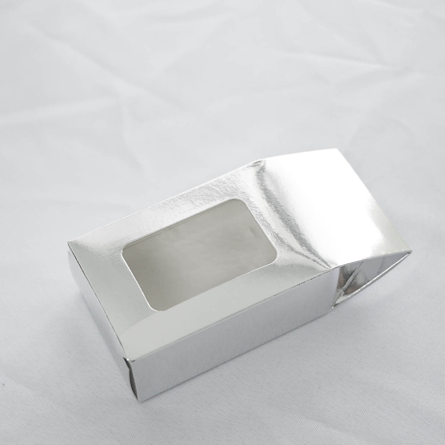 25 Pack | Silver Tote With Window Party Favor Candy Gift Boxes 2.75inch X 1.5inch X 6inch
