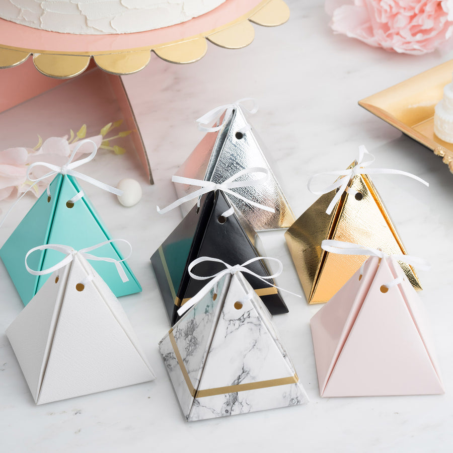 25 Pack | Gold Pyramid Shaped Wedding Party Favor Candy Gift Boxes