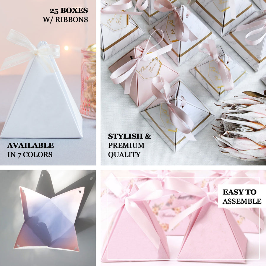 25 Pack | Marble Pyramid Shaped Wedding Party Favor Candy Gift Boxes