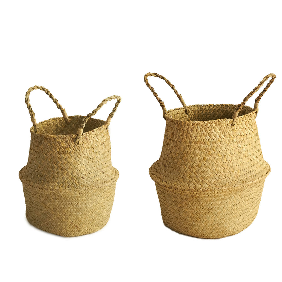Set of 2 | Natural Seagrass Plant Baskets, Wicker Hand Woven Straw Planter With Handles#whtbkgd