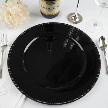 6 Pack 13" Beaded Black Acrylic Charger Plate, Plastic Round Dinner Charger Event Tabletop Decor