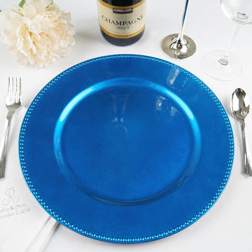 6 Pack 13" Beaded Royal Blue Acrylic Charger Plate, Plastic Round Dinner Charger Event Tabletop Decor