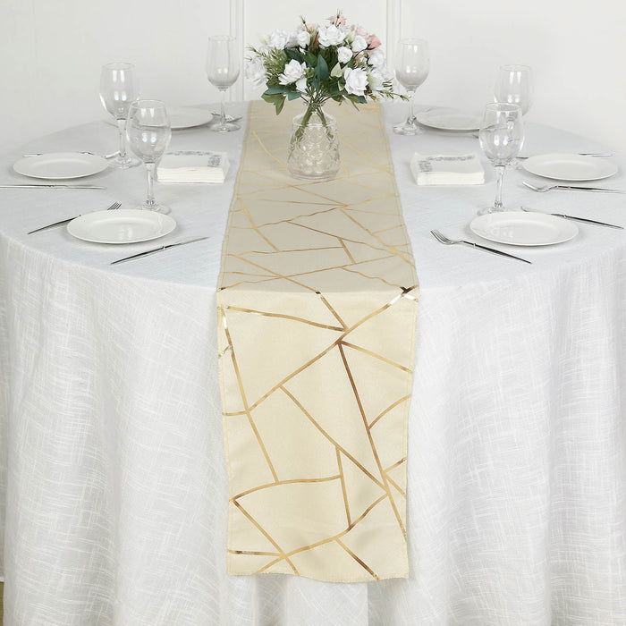 9ft Beige With Gold Foil Geometric Pattern Table Runner