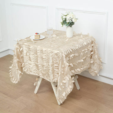 54" Beige 3D Leaf Petal Taffeta Fabric Seamless Square Tablecloth