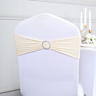 Beige Spandex Stretch Chair Sashes with Silver Diamond Ring Slide Buckle