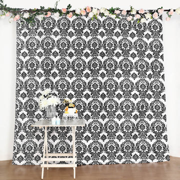 Black White Taffeta Event Curtain Drapes in Damask Flocking Pattern, Divider Backdrop Event Panel with Rod Pocket - 8ftx8ft