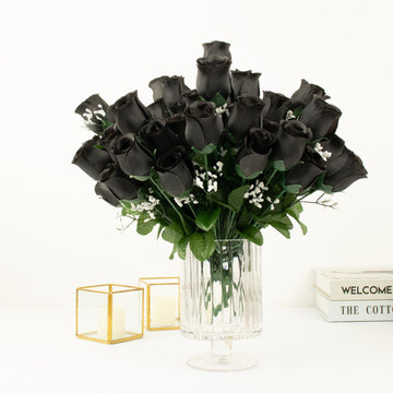 12 Bushes Black Artificial Premium Silk Flower Rose Bud Bouquets