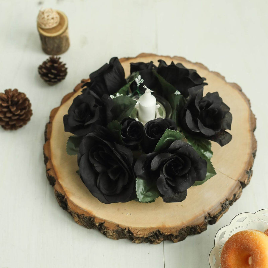 4 Pack | 3inch Black Artificial Silk Rose Flower Candle Ring Wreaths