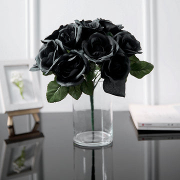 12" Black Artificial Velvet-Like Fabric Rose Flower Bouquet Bush
